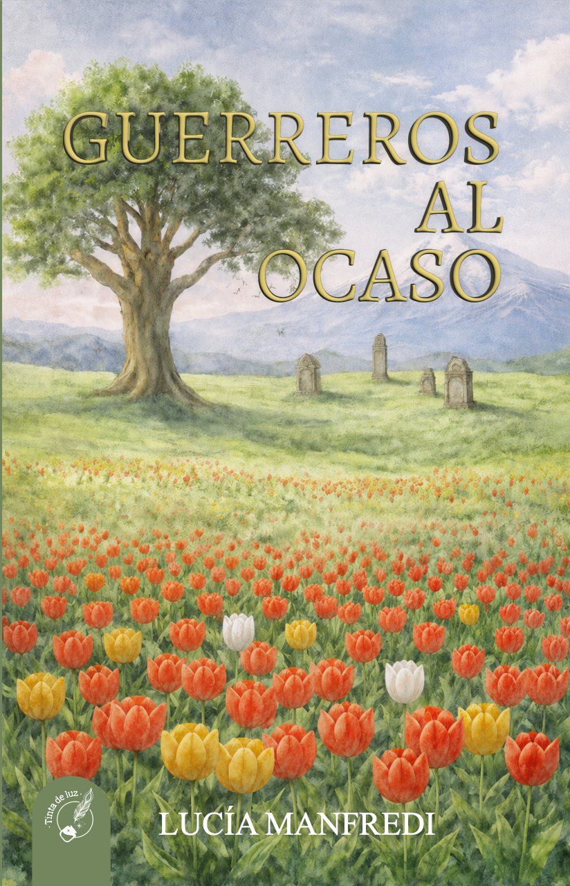 Tapa de Guerreros al Ocaso: un roble junto a cuatro lápidas de piedra, con un campo de tulipanes rojos, amarillos y blancos en primer plano